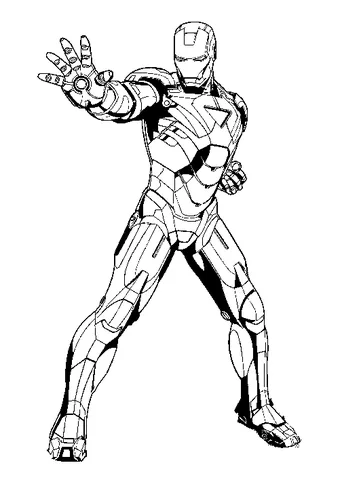 Disegno di Iron Man da colorare: Iron Man in una posa potente, che spara un raggio repulsore