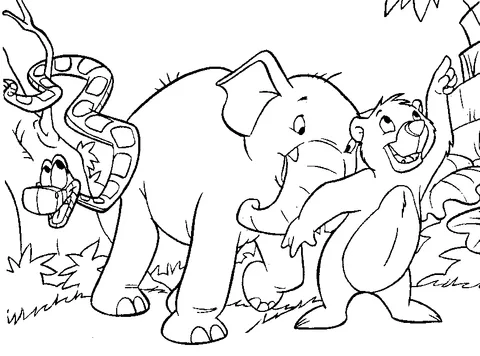 Coloriage Animaux de la jungle : un serpent, un éléphant et un ours se tenant ensemble dans la jungle