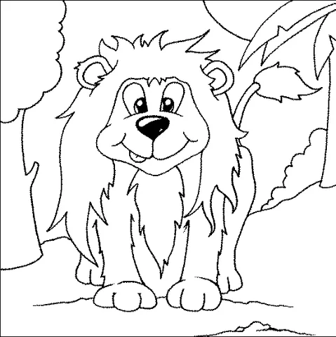 Coloriage Animaux de la jungle : un lion de dessin animé amical avec une grande crinière debout dans la jungle