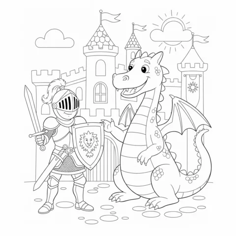 Knights coloring page: a knight with a sword and shield standing next to a friendly dragon outside a castle