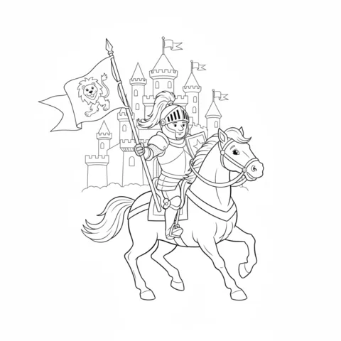 Knights coloring page: a knight in armor riding a horse and holding a flag with a lion emblem
