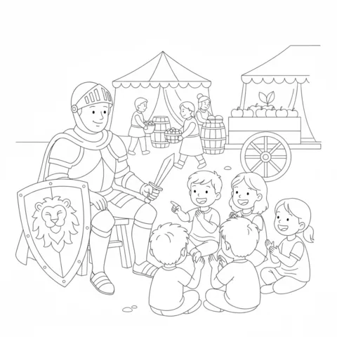 Knights coloring page: a knight in armor sitting on a stool, telling stories to children at a market