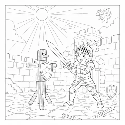 Knights coloring page: a knight in armor training with a wooden dummy in a castle courtyard