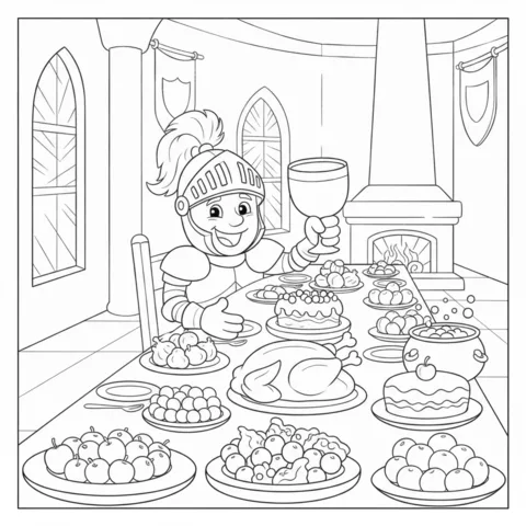 Knights coloring page: a knight in armor raising a glass at a feast table filled with food in a castle hall