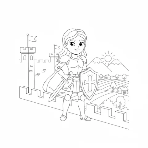 Knights coloring page: a female knight in armor with a sword and shield standing on a castle wall