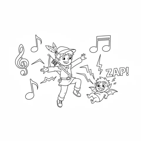 KPop Demon Hunters disegno da colorare: un ragazzo in costume da Robin Hood che folgora un piccolo demone volante con note musicali intorno a loro