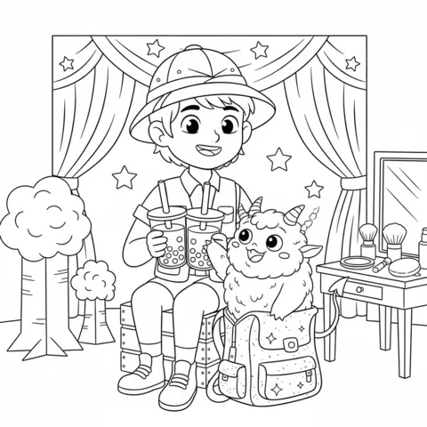 KPop Demon Hunters disegno da colorare: un ragazzo con un cappello da safari seduto con un mostro peloso e cornuto che tiene bevande bubble tea