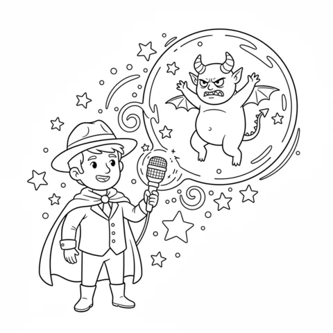 KPop Demon Hunters disegno da colorare: un ragazzo con mantello e cappello che canta in un microfono, con un demone arrabbiato in una bolla