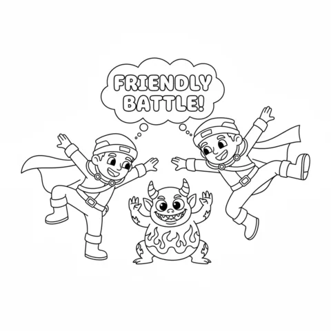 KPop Demon Hunters disegno da colorare: due ragazzi con mantelli e un piccolo demone con fiamme sulla pancia, con il testo "FRIENDLY BATTLE!