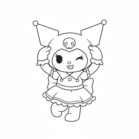 Disegno di Kuromi da colorare: Kuromi che fa l'occhiolino e sorride, tenendo le orecchie con entrambe le mani