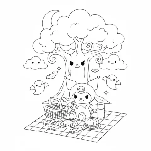 Disegno di Kuromi da colorare: Kuromi che fa un picnic sotto un albero spettrale con fantasmi e pipistrelli