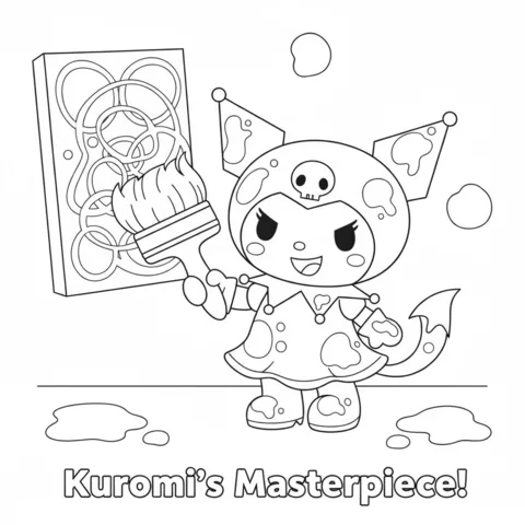 Disegno di Kuromi da colorare: Kuromi coperta di vernice, che tiene un pennello gigante e una tela