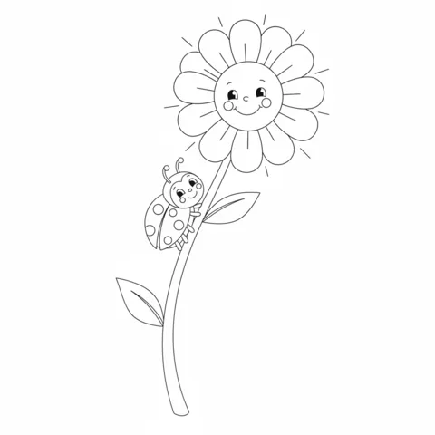 Ladybugs coloring page: a ladybug climbing the stem of a smiling sunflower
