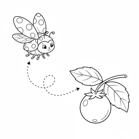 Ladybugs coloring page: a flying ladybug following a dotted path to a berry