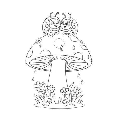 Ladybugs coloring page: two ladybugs sitting on a spotted mushroom with raindrops