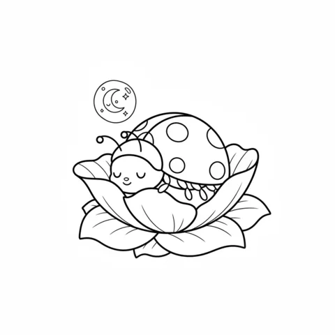 Ladybugs coloring page: a sleeping ladybug nestled inside a large flower petal