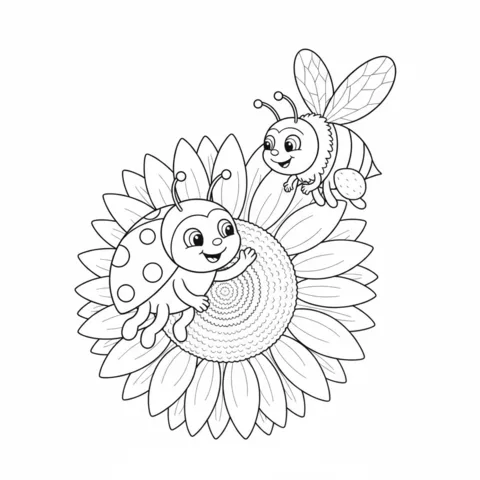 Ladybugs coloring page: a ladybug and a bee smiling on a large sunflower