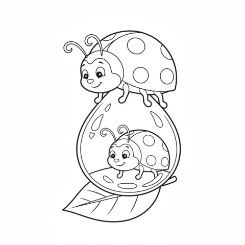 Ladybugs coloring page: a large ladybug on a dewdrop with a smaller ladybug inside