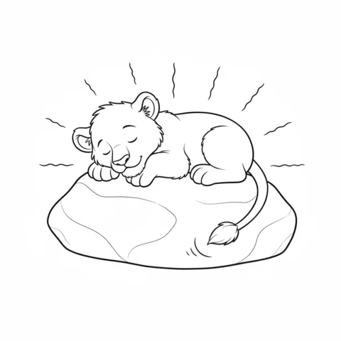 Lion coloring page: a cute lion cub sleeping soundly on a large rock