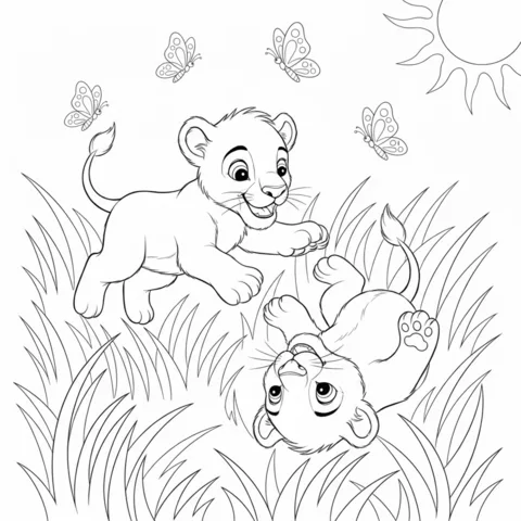 Lion coloring page: two happy lion cubs playing in tall grass with butterflies flying around