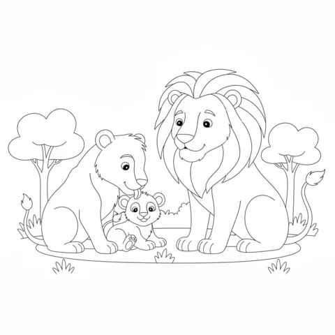 Lion coloring page: a lion family with a cub, lioness, and lion sitting together in a field