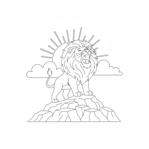 Lion coloring page: a majestic lion roaring on top of a rocky mountain under the sun