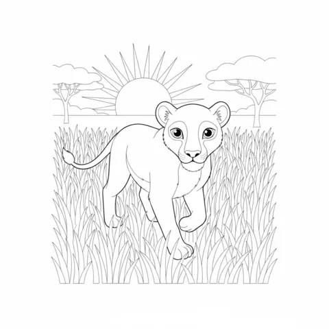 Lion coloring page: a young lioness walking through tall grass in a savanna landscape at sunset
