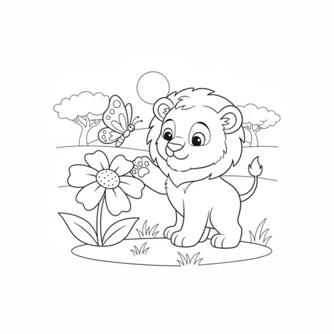 Lion coloring page: a small lion cub looking at a butterfly on a large flower
