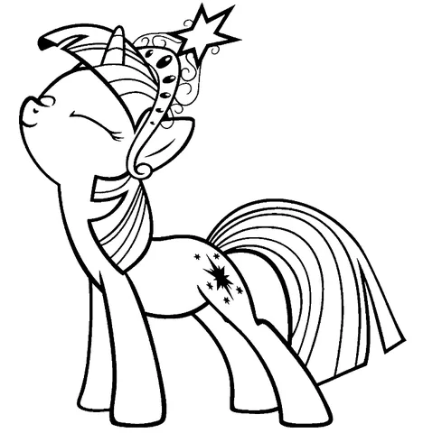 Coloriage My Little Pony : Twilight Sparkle avec une couronne d'étoiles, levant la tête les yeux fermés