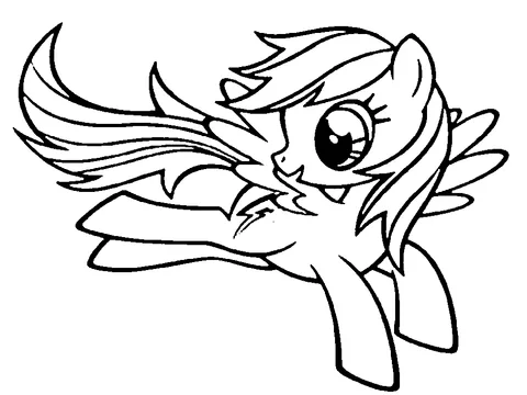 Coloriage My Little Pony : Rainbow Dash volant avec les ailes déployées et la crinière au vent