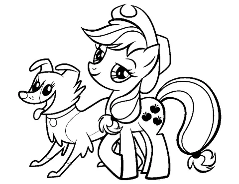 Coloriage My Little Pony : Applejack debout à côté de Winona, qui halète joyeusement