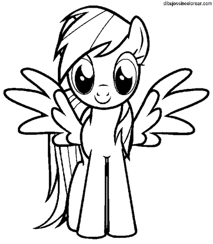 Coloriage My Little Pony : Rainbow Dash de face, les ailes ouvertes et une expression joyeuse