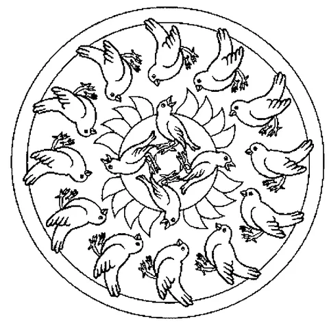 Mandala coloring page: a sun surrounded by many birds, some singing