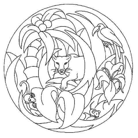 Mandala coloring page: jungle scene with a jaguar, monkey, mouse, palm tree, and bird