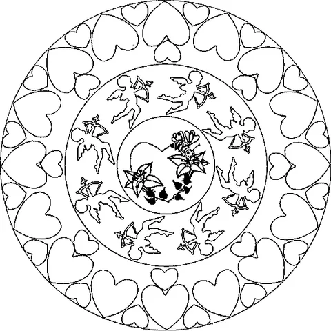Mandala coloring page: cupids with bows and arrows around a central heart and flowers