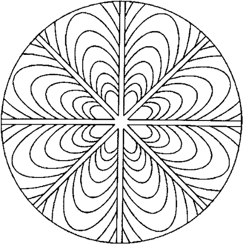 Mandala coloring page: a geometric pattern of curved lines radiating from the center