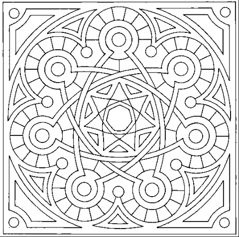 Mandala coloring page: an intricate geometric pattern with a central pentagram and interlocking shapes