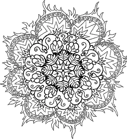 Mandala coloring page: a complex floral design with a central star-like pattern and swirling elements