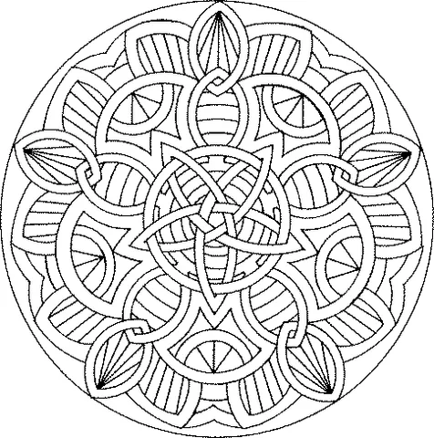 Mandala coloring page: a Celtic knot design with a central pentagram and interwoven patterns