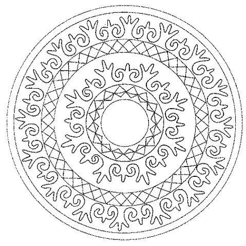 Mandala coloring page: concentric circles with patterns of spirals, triangles, and wavy lines