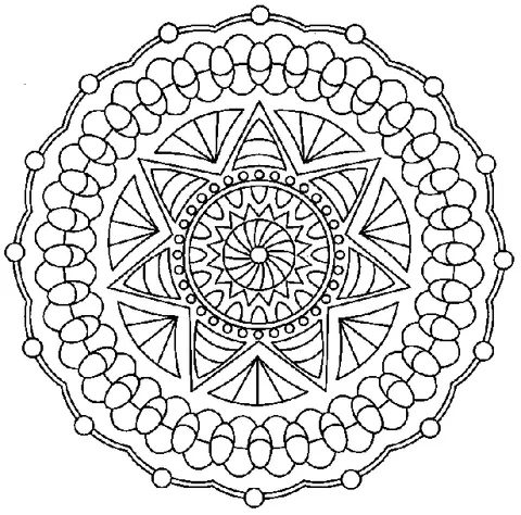 Mandala coloring page: a star-shaped design with a central sunburst and an outer ring of oval beads