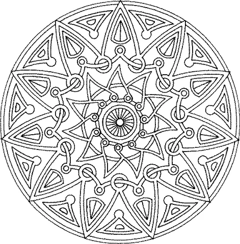 Mandala coloring page: a complex star design with geometric shapes and interlocking circular elements