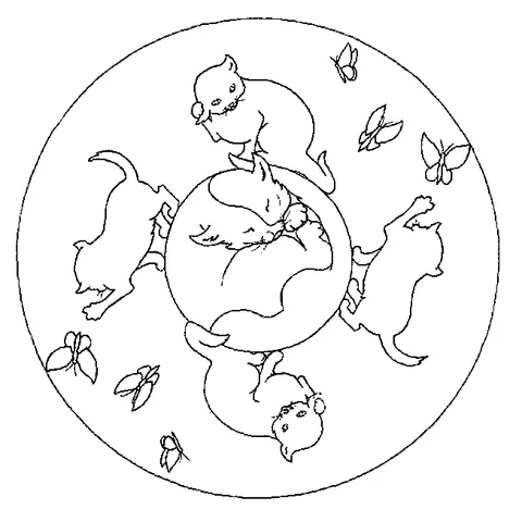 Mandala coloring page: a sleeping cat surrounded by four playful kittens and several butterflies