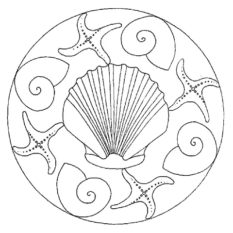 Mandala coloring page: a large scallop shell surrounded by four starfish and swirling conch shells