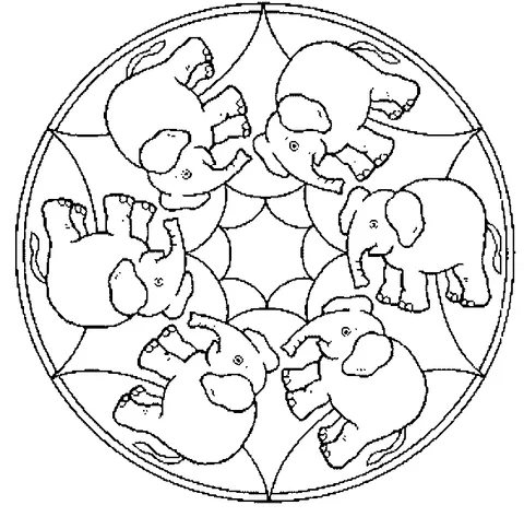 Mandala coloring page: six baby elephants arranged in a circular pattern around a central star
