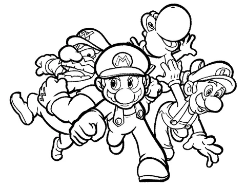 Mario coloring page: Mario, Luigi, Wario, and Yoshi running together, looking determined