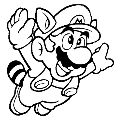 Mario coloring page: Mario flying with his raccoon tail and ears, smiling happily