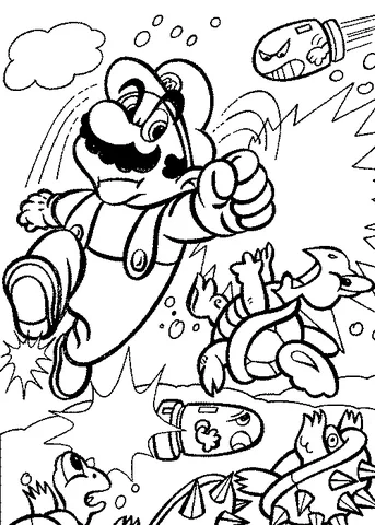 Mario coloring page: Mario stomping on enemies with Bullet Bills flying around him