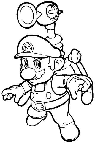 Mario coloring page: Mario with a F.L.U.D.D. water pack on his back, ready for action