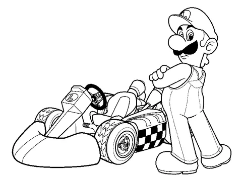 Mario coloring page: Luigi standing next to his kart, arms crossed, looking confident